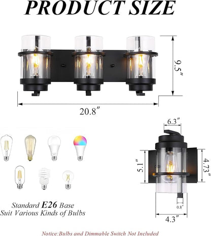 Bathroom Vanity Light Fixtures,Rustic Matte Black Vanity Lights 3 Bulb,Industrial Bathroom Light 3 Pack Sconce(Bulbs not Included)