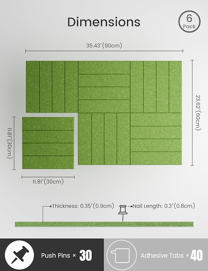 Bumusty Large Cork Board Alternative-36 x24 Felt Bulletin Board Tiles, with 30 Pushpins, 40 Adhesive Tabs, 6-Pack Slat Wall Paneling, Cork Boards for Office Push Pin Board Felt Board-Grass Green