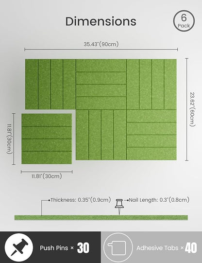 Bumusty Large Cork Board Alternative-36 x24 Felt Bulletin Board Tiles, with 30 Pushpins, 40 Adhesive Tabs, 6-Pack Slat Wall Paneling, Cork Boards for Office Push Pin Board Felt Board-Grass Green