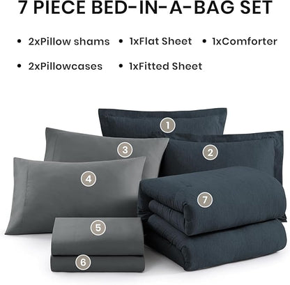Monbix California King Comforter Set - 7 Pieces Cationic Dyeing Navy Blue Bed in a Bag Cal King Bedding Sets with Comforter, Sheets, Pillowcases & Shams, Reversible Bedding Comforters Sets(108 * 92)