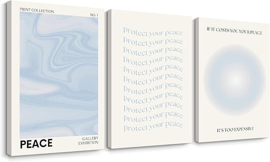 Blue Aura Wall Art Decor Retro Aesthetic Canvas Wall Art Pastel Abstract Pictures Prints Preppy Gradient Spiritual Poster Trendy Artwork Blue Painting for Room Bedroom 12x16 Inch Framed Set of 3