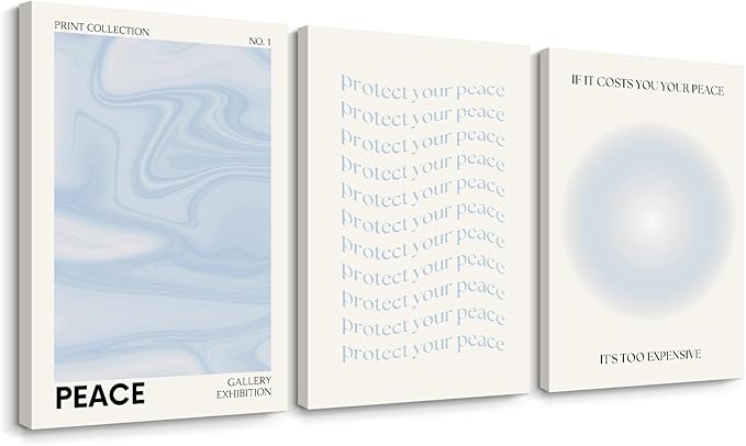 Blue Aura Wall Art Decor Retro Aesthetic Canvas Wall Art Pastel Abstract Pictures Prints Preppy Gradient Spiritual Poster Trendy Artwork Blue Painting for Room Bedroom 16x24 Inch Framed Set of 3