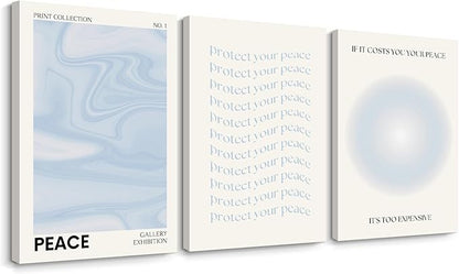 Blue Aura Wall Art Decor Retro Aesthetic Canvas Wall Art Pastel Abstract Pictures Prints Preppy Gradient Spiritual Poster Trendy Artwork Blue Painting for Room Bedroom 16x24 Inch Framed Set of 3