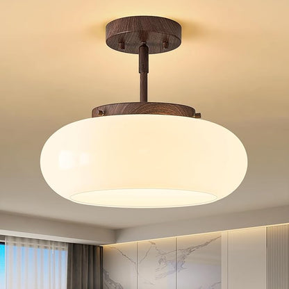 Mid-Century Modern Faux Walnut Wood Semi Flush Mount Ceiling Light, 3-Light Kitchen Light Fixtures with Glass Shade for Entryway Hallway Bathroom Bedroom (12.6 Inch)
