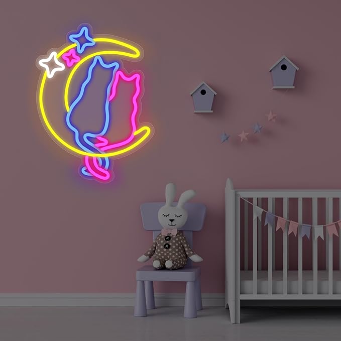 Moon Cat Neon Signs for Wall Decor Neon Lights for Bedroom Led Signs for Man Cave Bar Pub Kids Room Restaurant Christmas Birthday Party Pet Shop Gifts Led Art Wall Decorations
