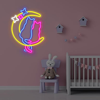Moon Cat Neon Signs for Wall Decor Neon Lights for Bedroom Led Signs for Man Cave Bar Pub Kids Room Restaurant Christmas Birthday Party Pet Shop Gifts Led Art Wall Decorations