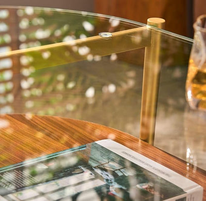 AGV LIGHTING Oval Rectangle Coffee Table with Clear Glass Top, Mid-Century Modern Coffee Table, Walnut MDF Shelf and Glod Metal Legs, Capsule Shape 2 Tier Coffee Table for Living Room, 42 Inch