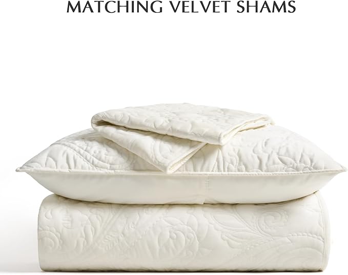 EVERGRACE Luxury Pearl Velvet Quilt Set Queen Size 3 Pieces, Soft Paisley-Stitch Velvet Comforter Set with Pillow Shams, Lightweight Bedspread Coverlet Bedding Set, Ivory White