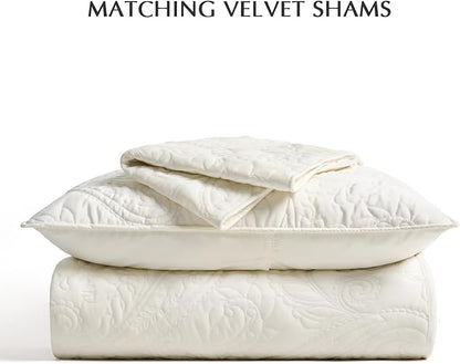 EVERGRACE Luxury Pearl Velvet Quilt Set Queen Size 3 Pieces, Soft Paisley-Stitch Velvet Comforter Set with Pillow Shams, Lightweight Bedspread Coverlet Bedding Set, Ivory White
