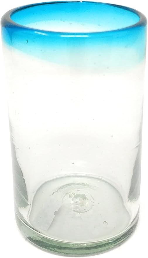 Dos Sueños Hand Blown Mexican Drinking Glasses – Set of 6 Glasses with Aqua Rims 14 oz each