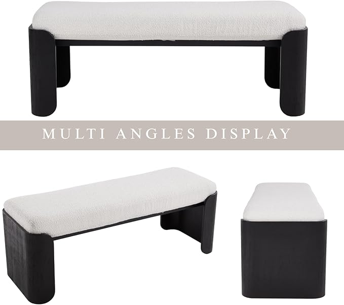 DUOMAY Modern Sherpa Bedroom Bench, 49" Wide Long Entryway Bench with Solid Wood Legs Upholstered Dining Bench Ottoman for Living Room Indoor, White