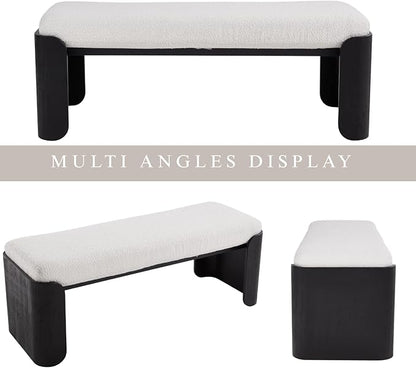 DUOMAY Modern Sherpa Bedroom Bench, 49" Wide Long Entryway Bench with Solid Wood Legs Upholstered Dining Bench Ottoman for Living Room Indoor, White