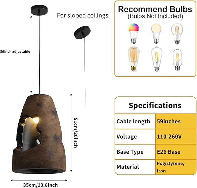 JAYMP Wabi Sabi Pendant Light for Dining Room Kitchen Island Hallway Farmhouse Hanging Lamp E26 Base Retroism Style Wine Bottle Shape Lighting Fixture (Antique Brown,A Shape, D35×H51cm)