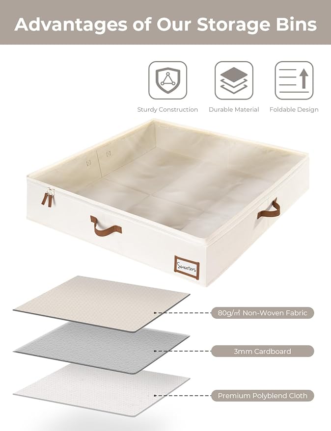 StorageWorks Underbed Storage Box, Under Bed Clothes Organizer With Sturdy Structure and Ultra Thick Fabric, 33" L x 31" W x 6 ¾ "H, 2 pack