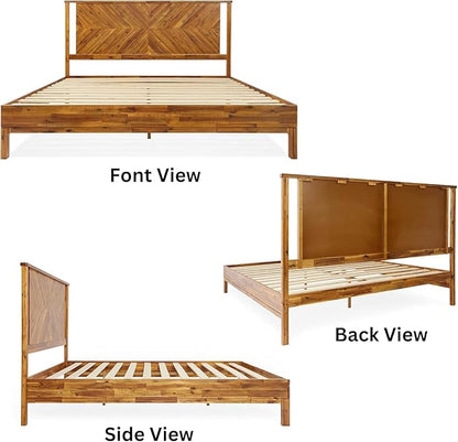 Bme Vivian 14 Inch Deluxe Bed Frame with Headboard, Rustic & Scandinavian Style with Solid Acacia Wood, No Box Spring Needed, 12 Strong Wood Slat Support, Easy Assembly, King, Rustic Golden Brown