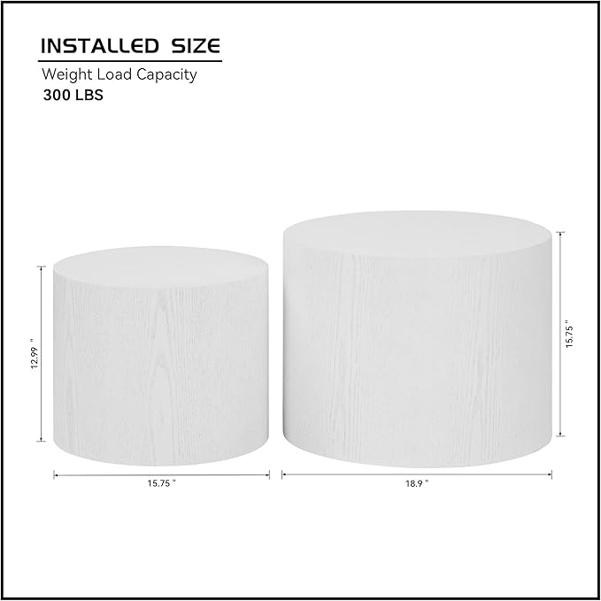 Nesting Coffee Table Set of 2, Modern Round Coffee Table with Non-Slip Feet, Wooden Circle Accent Tables for Small Spaces Living Room Bedroom Balcony Office Drum Side Table (White)