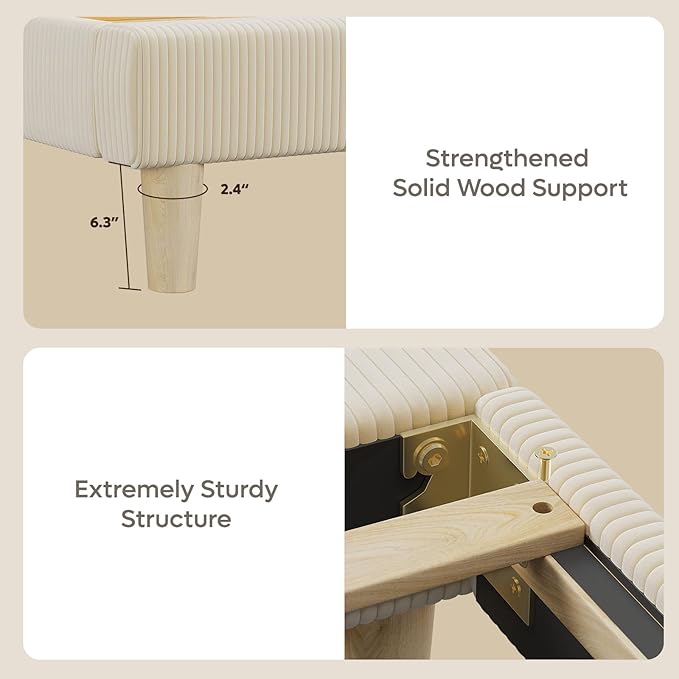 Bestier Full Bed Frame with Adjustable Headboard, LED Lighting, Vertical Channel Tufted Corduroy Upholstered, Solid Wooden Slats Support, No Box Spring Needed, Never Squeaks, Easy Assembly, Beige
