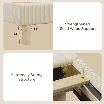 Bestier Full Bed Frame with Adjustable Headboard, LED Lighting, Vertical Channel Tufted Corduroy Upholstered, Solid Wooden Slats Support, No Box Spring Needed, Never Squeaks, Easy Assembly, Beige