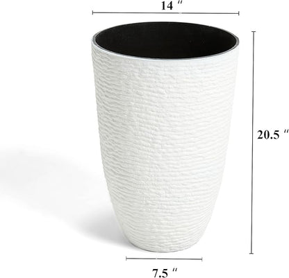 Worth Garden 2-Pack 21" H. White Tall Planters - 14'' Dia Resin Large Round Flower Pots for Outdoor Plants Trees - Imitation Stone Finish Plastic Indoor Front Porch 9 Gallon Decorative Container Patio