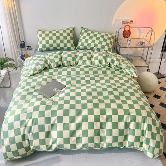Pureant Green White Plaid Comforter Sets Full Women Men Sage Green Checkerboard Grid Bedding Comforters Cotton Boys Girls Modern Grass Green and White Checkered Geometric Quilts Luxury Abstract Bed