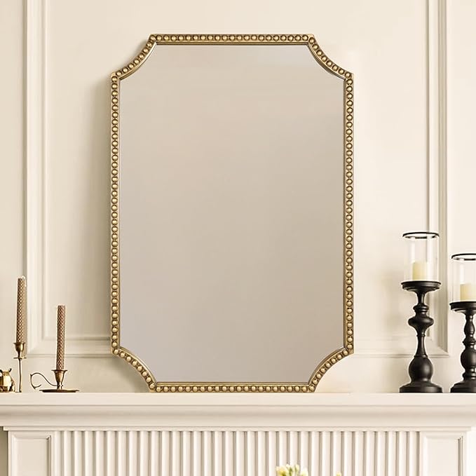 30"x40" Mirror for Wall, Full Scalloped Corners Rectangle Decorative Mirror, Metal Beaded Frame Accent Wall Decor for Bathroom, Entryway, Mantel, Antique Gold