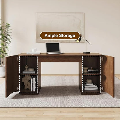 homary Modern 59.8" Standing Desk with Lift-Top & Ample Storage, Fluted Engineered Wood Home Office Desk with 2 Doors, Walnut