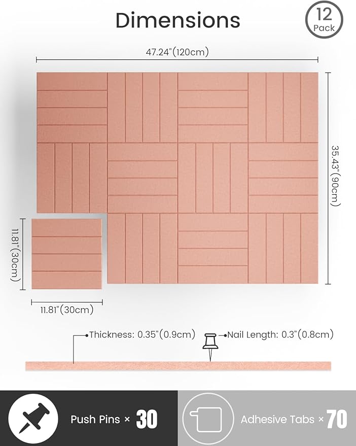 Bumusty Large Cork Board Alternative-47 x35 Felt Bulletin Board Tiles, with 30 Pushpins, 70 Adhesive Tabs, 12-Pack Slat Wall Paneling, Cork Boards for Office Push Pin Board Felt Board-Pink