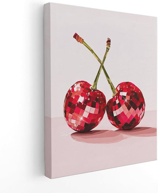 APJYM Funky Y2K Disco Ball Cherry Wall Art, Trendy Retro 70s Preppy Pink Girly Cherry Aesthetic Canvas Wall Art for Girls Room Bedroom Dorm Apartment Decor, 11x14 Inches Framed