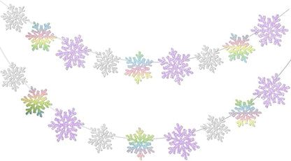 2Pack Silver and Purple Snowflake Garland Winter Wondeland Decorations, Glitter Snowflake Banner for Girl/Women Frozen Birthday Party Decorations and Christmas Baby Shower Party Supplies.