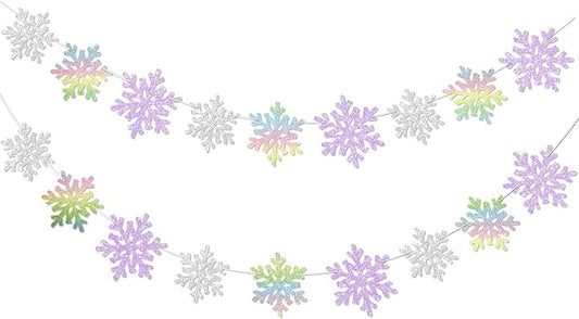 2Pack Silver and Purple Snowflake Garland Winter Wondeland Decorations, Glitter Snowflake Banner for Girl/Women Frozen Birthday Party Decorations and Christmas Baby Shower Party Supplies.