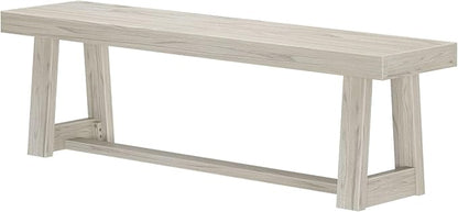 Plank+Beam 60 Inch Farmhouse Dining Bench, Solid Wood Entryway Bench, Wooden Outdoor Bench, Kitchen Dining Seat, Dining Room, Home Office, Living Room Furniture, Easy Assembly, White Sand Wirebrush