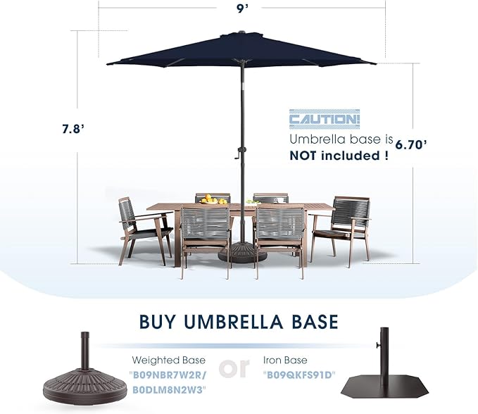 wikiwiki 9FT Patio Umbrellas Outdoor Table Market Umbrella with Push Button Tilt/Crank, 8 Sturdy Ribs, Fade Resistant Waterproof POLYESTER DTY Canopy for Garden, Lawn, Deck,Backyard&Pool,Midnight Blue