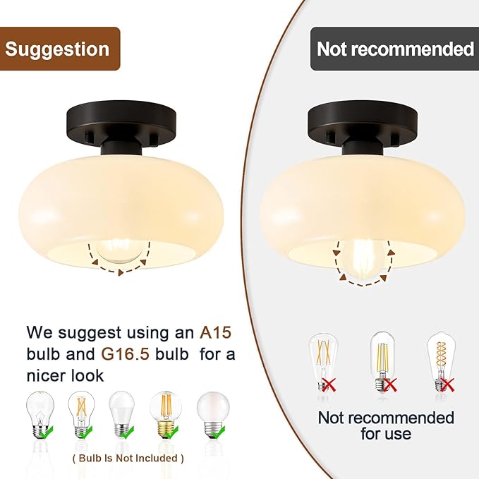 Mid-Century Modern Semi Flush Mount Ceiling Light, Metal Kitchen Light Fixture with Glass Shade, Mini White and Black Colse to Ceiling Lamp for Entryway Hallway Bathroom (8.66 Inch)