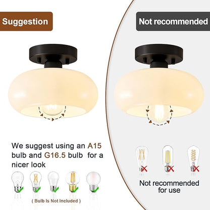 Mid-Century Modern Semi Flush Mount Ceiling Light, Metal Kitchen Light Fixture with Glass Shade, Mini White and Black Colse to Ceiling Lamp for Entryway Hallway Bathroom (8.66 Inch)