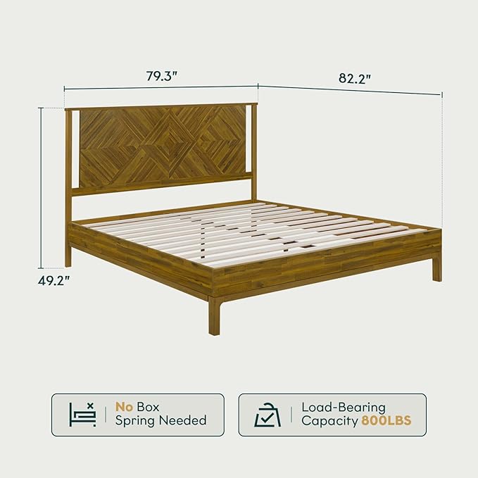 Bme Ethan Solid Wood Queen Bed Frame with Diamond Headboard - Rustic & Mid-century Modern - Acacia Wood Platform Bed - Compatible with All Mattresses - No Box Spring Needed - Rustic Brown
