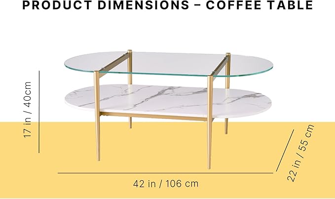 AGV LIGHTING Oval Rectangle Coffee Table with Clear Glass Top, Modern Coffee Table, White Marble MDF Shelf and Glod Metal Legs, Capsule Shape 2 Tier Coffee Table for Living Room, 42 Inch