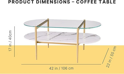 AGV LIGHTING Oval Rectangle Coffee Table with Clear Glass Top, Modern Coffee Table, White Marble MDF Shelf and Glod Metal Legs, Capsule Shape 2 Tier Coffee Table for Living Room, 42 Inch