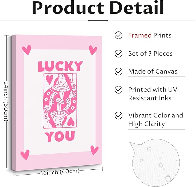 Lucky You Pink Wall Art Guest Check Preppy Wall Decor Trendy Aesthetic Canvas Wall Art Funky Retro Poster Hearts Cute Picture Prints Inspirational Artwork for Room Bedroom 16x24 Inch Framed Set of 3