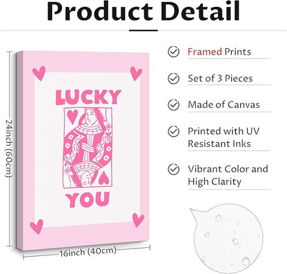 Lucky You Pink Wall Art Guest Check Preppy Wall Decor Trendy Aesthetic Canvas Wall Art Funky Retro Poster Hearts Cute Picture Prints Inspirational Artwork for Room Bedroom 16x24 Inch Framed Set of 3