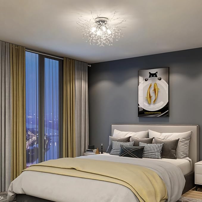 HMVPL Chrome Crystal 4-Light Mini Firework Ceiling Light Fixture, Modern Sputnik Chandelier, Suitable for Bedroom, Kitchen, Hallway, Closet, Dining Room