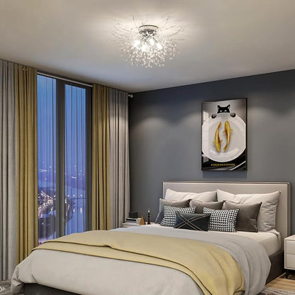 HMVPL Chrome Crystal 4-Light Mini Firework Ceiling Light Fixture, Modern Sputnik Chandelier, Suitable for Bedroom, Kitchen, Hallway, Closet, Dining Room