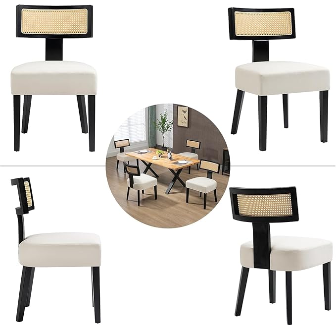 Dining Chairs Set of 2,Mid-Century Modern Dining Chairs-Upholstered Rattan Seats with Black Hardwood Frame, Farmhouse Curved Backrest Armless Kitchen Chairs for Kitchen, Dining & Living Room, Cream