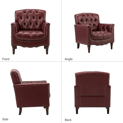HULALA HOME Mid Century Modern Leather Club Chairs Set of 2, Top-Grain Genuine Leather Armchairs with Button-Tufted Back & Solid Wood Legs, Accent Chairs for Living Room/Bedroom/Home Office, Burgundy