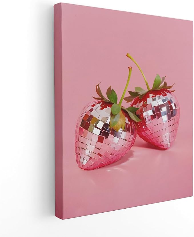 APJYM Funky Red Strawberry Wall Art, Trendy Retro Y2K Disco Ball Strawberry Canvas Wall Art, Aesthetic Posters for Girls Bedroom, Pink Room Decor Y2K, Preppy Room Decor, 11x14 Inches Framed