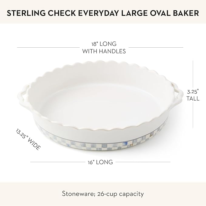 MACKENZIE-CHILDS Everyday Oval Casserole Baker, Cute Oven Baker, Large, Gray-and-White Sterling Check