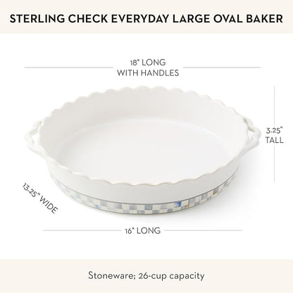 MACKENZIE-CHILDS Everyday Oval Casserole Baker, Cute Oven Baker, Large, Gray-and-White Sterling Check