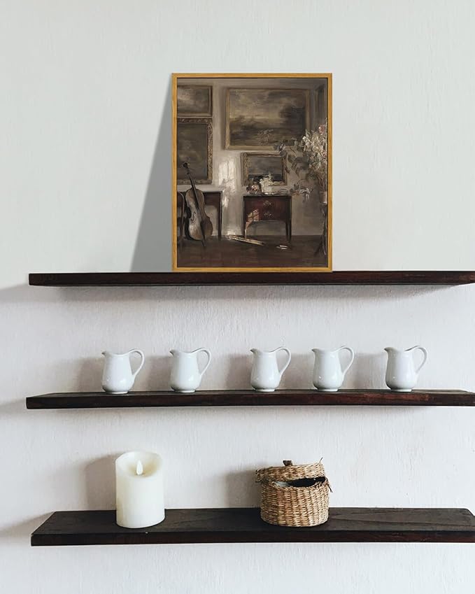 KBKBART Vintage Framed Wall Art , Farmhouse Decor Moody Still Life Canvas Oil Painting Vintage Dark Bathroom Art Prints, Neutral Antique Art Wall Decor for Bedroom, Living Room, Gallery, Gifts for Friends or Family (12"x16")