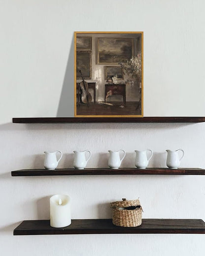 KBKBART Vintage Framed Wall Art , Farmhouse Decor Moody Still Life Canvas Oil Painting Vintage Dark Bathroom Art Prints, Neutral Antique Art Wall Decor for Bedroom, Living Room, Gallery, Gifts for Friends or Family (12"x16")