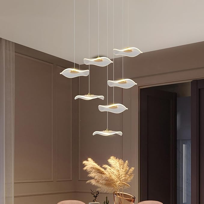 ziidoo High Ceiling Chandelier - 7-Light Dimmable Modern Gold Long Spiral Luxury Linear Lotus Leaf Led Lamp Hanging Pendant Lights for Foyer Enterway Staircase Villas