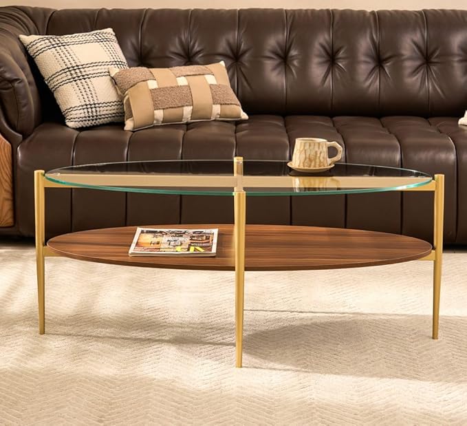 AGV LIGHTING Oval Coffee Table, Mid-Century Modern Coffee Table, Glass Coffee Table, Glod Finish Legs, Thick Tempered Clear Glass Top with Walnut MDF Shelf